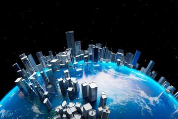 Earth with tall buildings on its surface. A planet covered by skyscrapers.