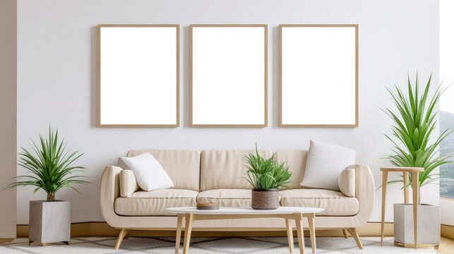 Mockup of three empty vertical picture frames in a modern living room - Generative AI
