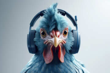 Portrait of an unusual blue young chicken in blue wireless headphones on pale blue isolated background. Funny cute chicken is a music lover looks directly into the camera,listens to music. Generati AI