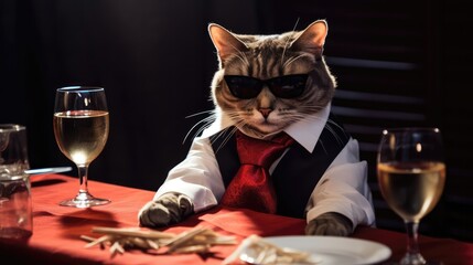 A Cat With Sunglasses Participating In a Murder Mystery Dinner. Generative AI - obrazy, fototapety, plakaty