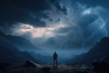 Silhouette of a man standing on top of a mountain and watching the beauty of the natural landscape in a thunderstorm and lightning. View of the mountains and forest during a storm. Generative AI.