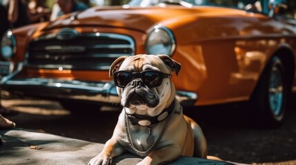 A Dog With Sunglasses Attending a Car Show. Generative AI