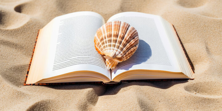 An open book at the beach with a seashell - Generative AI