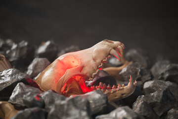 Spooky animal skull moving jaws with teeth. Scary red light from the eyes. Death