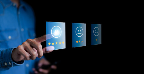 Customer review satisfaction feedback survey concept. Businessman choosing on the happy Smile face...