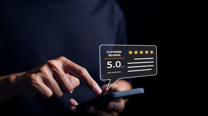 Man or User give rating to service excellent experience on a phone application. Client evaluate quality of service reputation ranking of business. Customer review satisfaction feedback survey concept. - obrazy, fototapety, plakaty