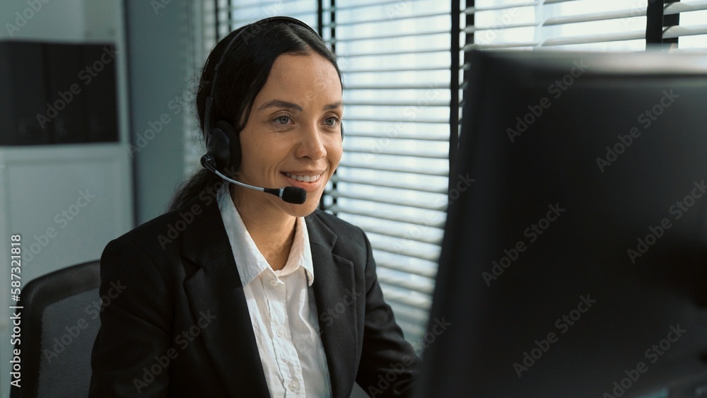 Aufkleber competent female operator working on computer and talking with clients. concept relevant to both cal