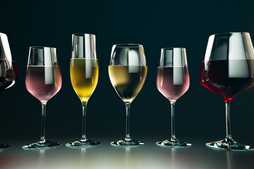 A set of glasses filled with different kinds of wine and sparkling champagne.