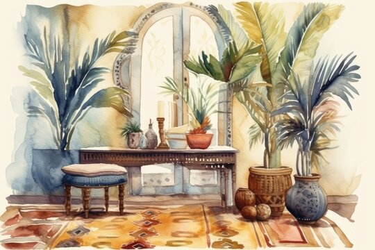cozy interior with a wooden table and lush potted plants in watercolor. Generative AI