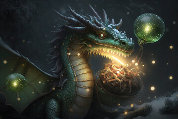 a small, cute green dragon releases flames. snow and lights. happy New Year. AI Generative