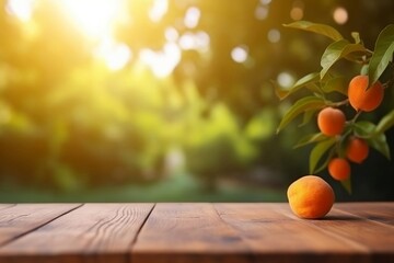 Empty Wooden Table for product in Blurred Orange Garden Background with Bokeh Effect