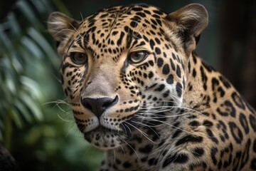 Fototapeta na wymiar A close up of a leopard predator with a thick mustache. Generative AI