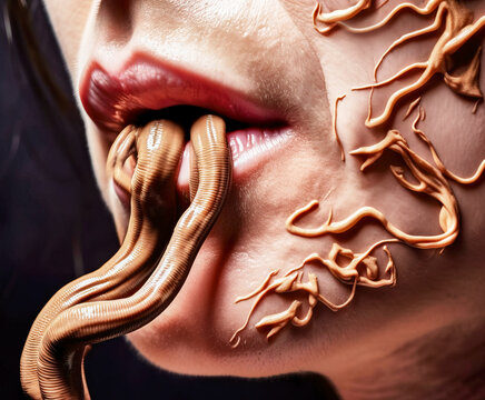 Surreal repulsive macro of worms crawling out of a woman's mouth, made with generative ai