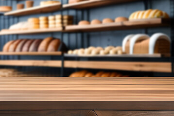 A table counter in front of a shelf of bread
