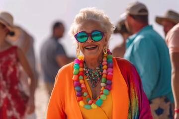 Open minded elderly lady at the beach party