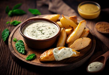 Dipping Sauce In A White Color. In The Oven, The Potato Wedges Get Golden Brown, And Theyre Served With A White Garlic And Herb Dipping Sauce. Rustic Style, Selective Focus. Generative AI