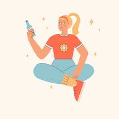 Girl in old-fashioned clothes holding  a bottle with soda.  Retro style outfit. Trendy 70-s and 80-s concept. Vector illustration in flat style.