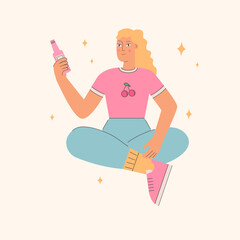 Girl in old-fashioned clothes holding  a bottle with soda.  Retro style outfit. Trendy 70-s and 80-s concept. Vector illustration in flat style.