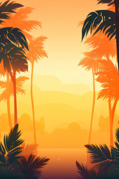 Autumn or summer background. Sunset on the beach, orange colors. AI generative.