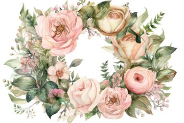 delicate watercolor wreath with pink roses and greenery. Generative AI