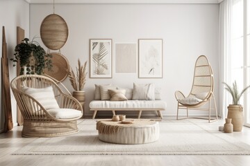 White living room wall. Scandi boho interior mockup. Free copy space for your image, text, or design. Console, rattan armchairs, pampas grass. Generative AI