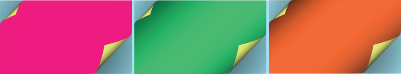 3 sets of curling page background in glowing neon palette colors for electrifying refresh, or tone down the vibrancy, or eye-catching sharp stationery. Page curl with shadow on blank sheets.