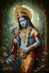 Portrait of Lord Krishna wearing a a crown with peacock feathers. Generative AI.	
