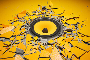 Black speaker making devastating loud sound force destruction. Power of music