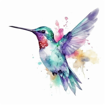 Blue watercolor flying hummingbird. AI generated content