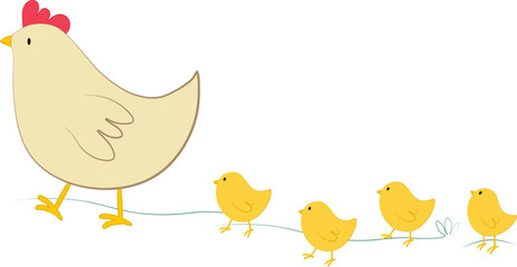 Vector illustration of orange chicken and little yellow chicks characters in cartoon style. Digital  clipart with farm hen and chicks for Easter design