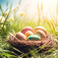 Fototapeta na wymiar easter eggs in a nest with grass and flowers background