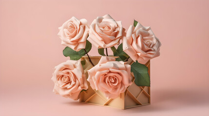 Levitating Pastel Pink Rose Bouquet on Isolated Beige for Beauty Product Promotion or Text