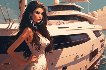 Young Woman Exploring the Seas Aboard a Cartoon Ship. Generative Ai