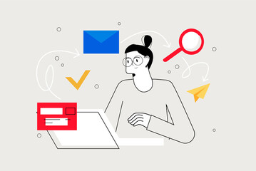 Work flow line concept with people scene in the flat cartoon design. Girl works hard in a working atmosphere.