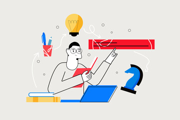 Line concept Education with people scene in the flat cartoon style. Student works on an online lesson to gain new knowledge.
