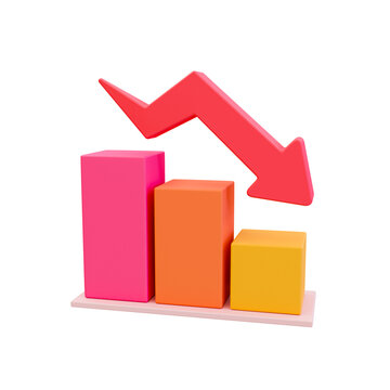 3d minimal data analysis icon. financial down. stock down. depreciation concept. A bar graph with an arrow down. 3d illustration.