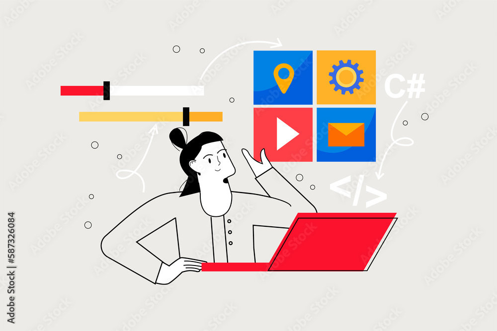 Poster app development line concept with people scene in the flat cartoon style. developer selects the imag