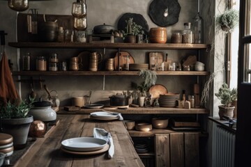 Naklejka na ściany i meble A rustic kitchen's cozy interior. Hardwood shelves, porcelain dishes, cutlery, and rustic kitchen accessories. High resolution image. Generative AI