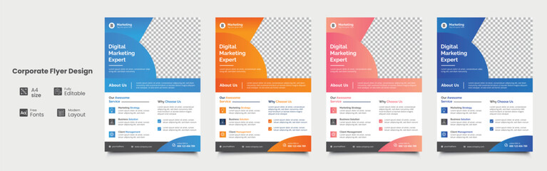 a bundle of 4 templates of a4 flyer, corporate Business flyer template vector design, digital marketing Expert flyer template, vector illustration template in A4 size.