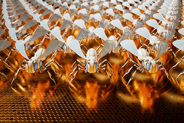 An army of countless small, white artificial bee robots is ready for action.