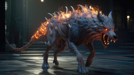 Hellhound Running, Fire Ornate Clothing, Fiery Eyes. Generative AI