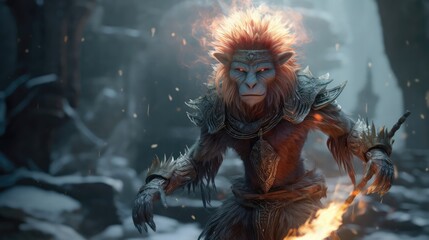 Monkey Running, Fire Ornate Clothing, Fiery Eyes. Generative AI