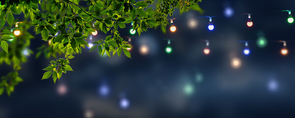 colorful bright string lights decoration in foliage tree for illumination of summer night sky,...