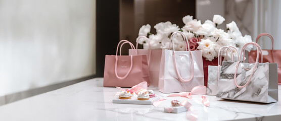 fancy shopping bags decoration on a marble luxury table and cupcakes party as wide banner with copy space area - Generative AI