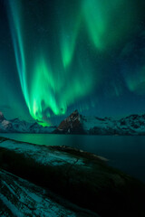 Northern lights or Aurora Borealis over Lofoten Islands in Northern Norway. High quality photo