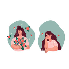 set of girls. vector illustration . web illustration of people. the girl thought. girl with flowers and butterflies. 8 mattresses. mothers Day . women's day