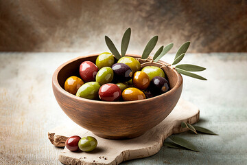 Olives in wooden bowl on table Generative ai