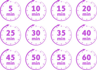 stopwatch purple color vector icons on light round buttons with purple shadow. stopwatch icon set for web, mobile apps, ui design and print