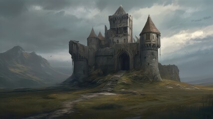 Obraz premium Abandoned Medieval Castle Ruins in the Moor, Concept Art, Digital Illustration, Generative AI