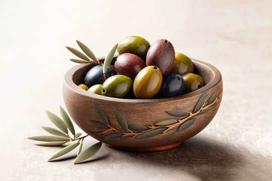 Olives in wooden bowl on table Generative ai